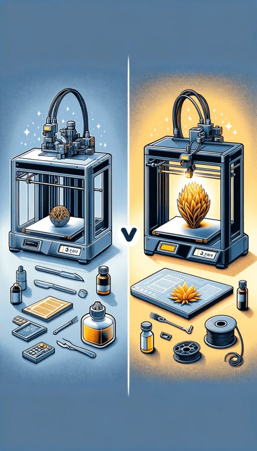 DALL·E 2024-01-10 23.13.43 - Create an illustration for an article comparing SLA and FDM 3D printers. The image should visually contrast the two types of printers_ on one side, an (1) (1).png